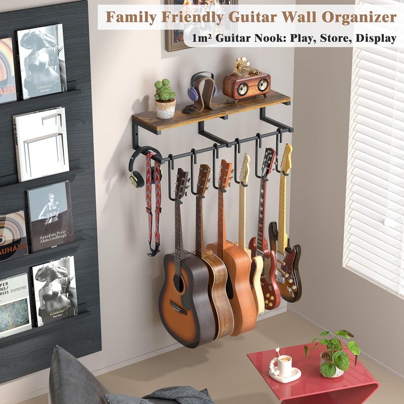 Keebofly Guitar Wall Mount Hangers Holds 6 Guitars with Rustic Shelf - 6-Detachable Guitar Hooks Universal Fit for Acoustic, Electric, Bass Guitars & Ukulele (Brown) - Image 4